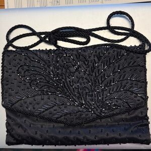 La Regale handmade vintage black satin beaded magnetic closure crossbody clutch